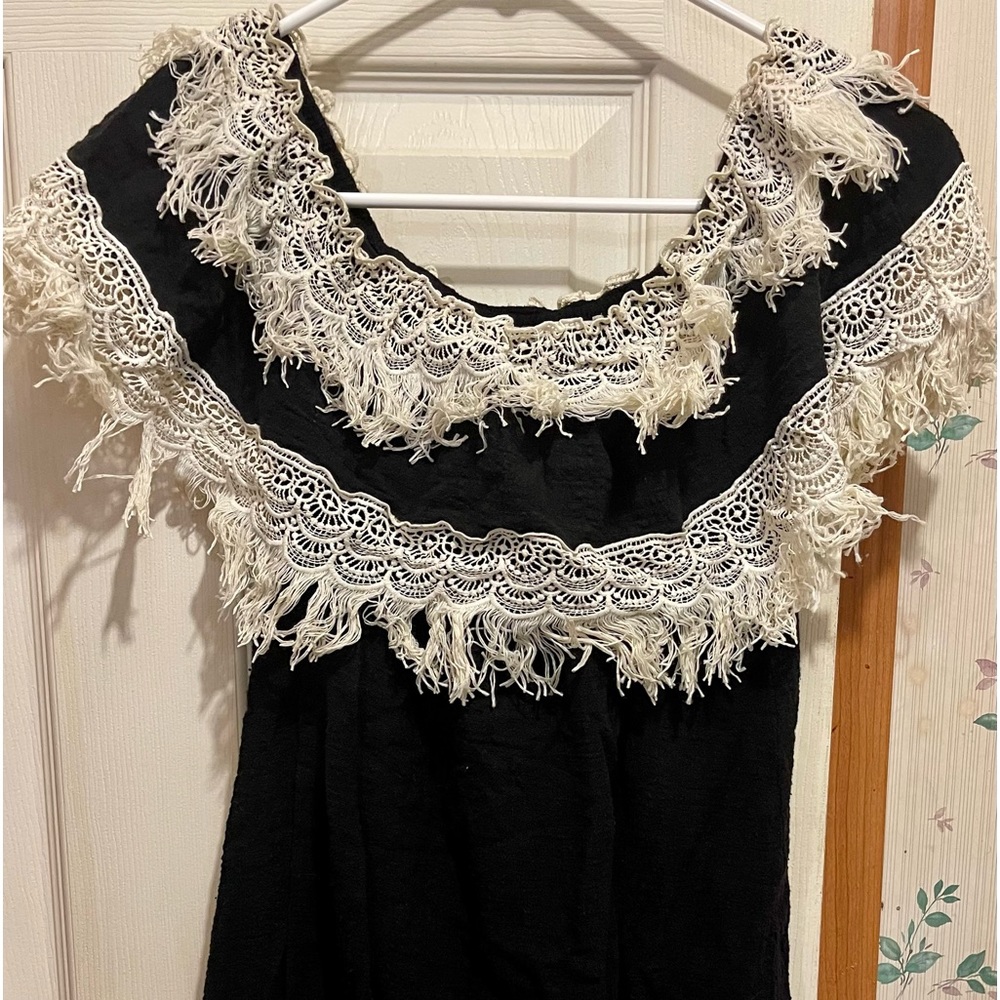 Velvet 1XL black with cream fringe dress